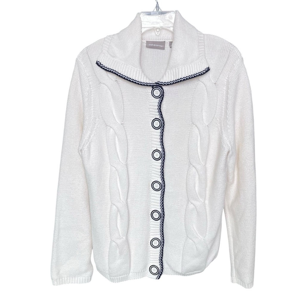 NWT Croft & Barrow Womens Cable Knit Cardigan Sweater Size L Ivory Navy Nautical
